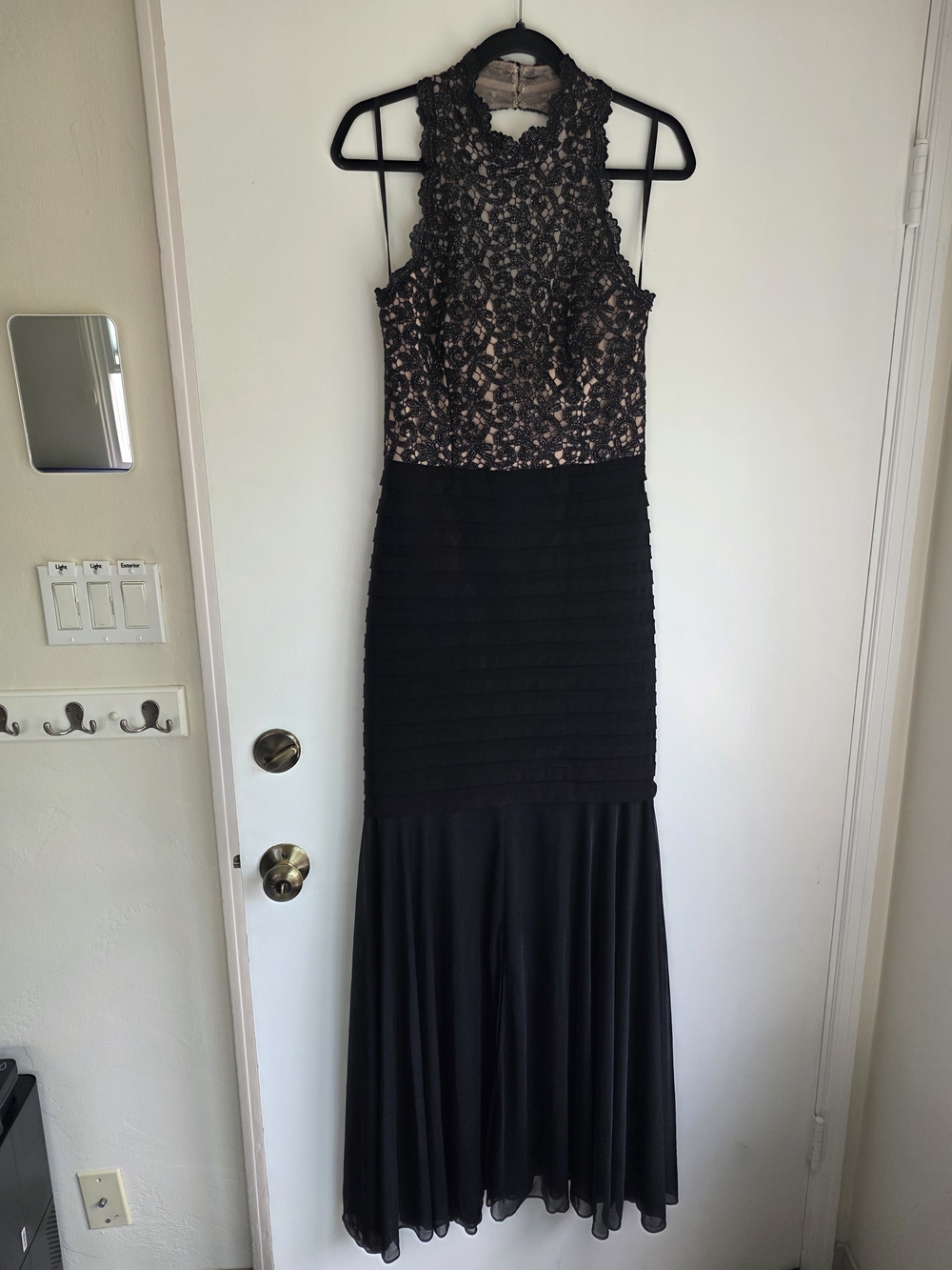 Xscape Black Lace with Nude Underlay Evening Dress